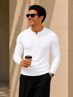 Perch - White Waffle Henley Neck Full Sleeve T-Shirt