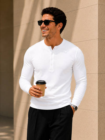 White Waffle Henley Neck Full Sleeve T-Shirt