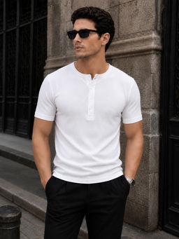 Perch - White Waffle Henley Neck Half Sleeve T-Shirt