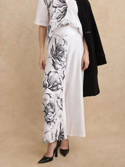RAREISM - Neilsono Primary White Floral Print Flared Ankle Length Trouser