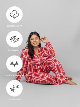 NeceSera - Red Zen Full Sleeves Button Down Pyjama (Set of 2)
