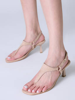 Twenty Dresses by Nykaa Fashion - Beige Square Toe Faux Suede Toe Post Sandals for Women