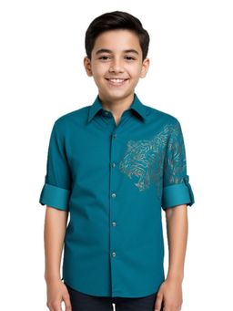 CHARCHIT - Boys Regular Fit Full Sleeve Printed Shirt Turquoise