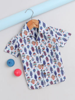 The Magic Wand - Cotton Half Sleeves Fish Printed Shirt - White
