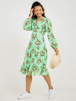 Styli - Multi-color Sheer Volume Sleeves Floral Print A-line Midi Dress