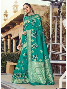 Sangam Prints - Turquoise Silk Sirki Work Traditional Saree with Unstitched Blouse