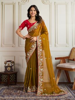 VAIRAGEE - Mustard Frendy Chiffon Embroidery Saree with Unstitched Blouse