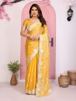 VAIRAGEE - Yellow Frendy Chiffon Embroidery Saree with Unstitched Blouse