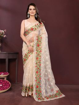 VAIRAGEE - Cream Soft Embroidery Saree with Mono Banglory Blouse with Unstitched Blouse