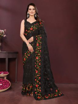 VAIRAGEE - Black Soft Embroidery Saree with Mono Banglory Blouse with Unstitched Blouse