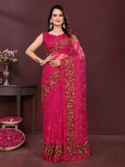 VAIRAGEE - Pink Soft Embroidery Saree with Mono Banglory Blouse with Unstitched Blouse