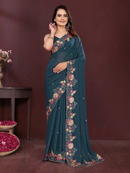VAIRAGEE - Teal Georgette Embroidery Saree with Unstitched Blouse