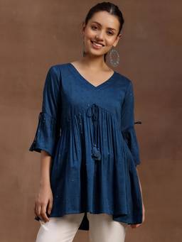 Libas - Navy Blue Embellished Tassels Layered Short Kurti