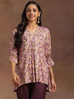 Libas - Purple Floral Printed A-Line Pleated Short Kurti