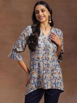 Libas - Blue Floral Printed A-Line Pleated Short Kurti