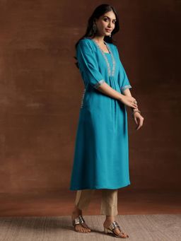 Libas - Blue Floral Embroidered Yoke A-Line Kurta