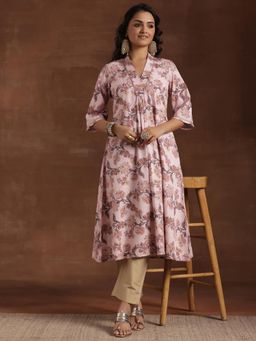 Libas - Pink Floral Printed Zari Work A-Line Kurta