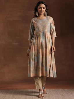 Libas - Beige Embroidered Mirror Work High-Slit Kurta