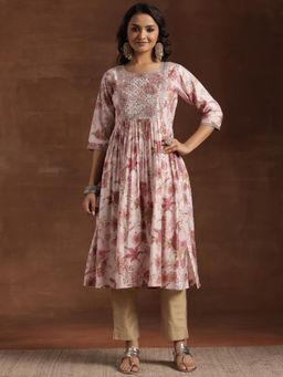 Libas - Pink Floral Mirror Work A-Line High-Slit Kurta