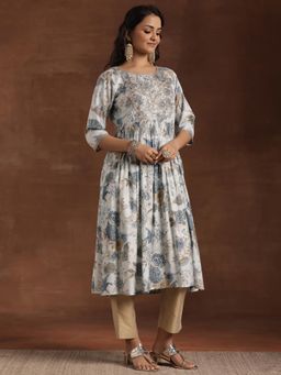 Libas - Blue Floral Mirror Work A-Line High-Slit Kurta