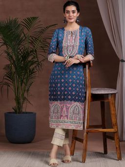 Libas - Navy Blue Ethnic Motif Floral Printed Straight Crepe Kurta