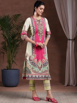 Libas - Cream Ethnic Motif Printed Straight Crepe Kurta