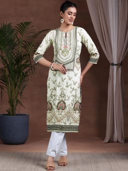 Libas - Green Floral Printed Straight Crepe Kurta