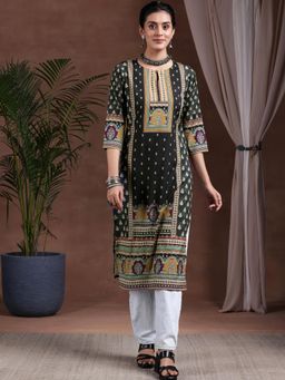 Libas - Black Ethnic Motif Floral Printed Straight Crepe Kurta