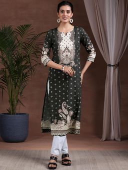 Libas - Black Ethnic Floral Printed Straight Crepe Kurta