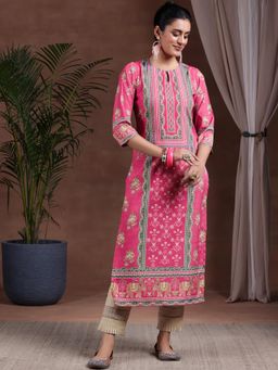 Libas - Pink Floral Printed Straight Crepe Kurta