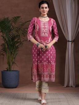 Libas - Pink Paisley Printed Straight Crepe Kurta