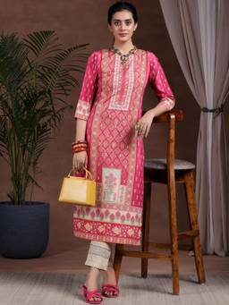 Libas - Hot Pink Ethnic Motif Floral Printed Straight Kurta