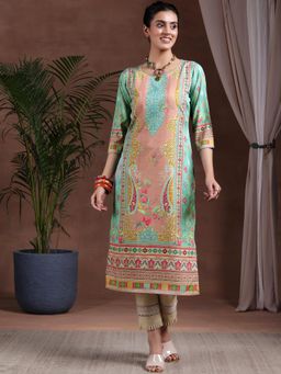 Libas - Sea Blue Ethnic Motif Paisley Printed Straight Kurta