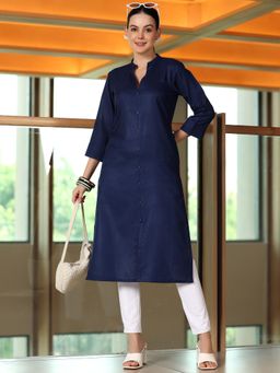 Libas - Navy Blue Cotton Blend Mandarin Neck Solid Straight Kurta