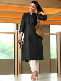 Libas - Black Cotton Blend Mandarin Neck Solid Straight Kurta