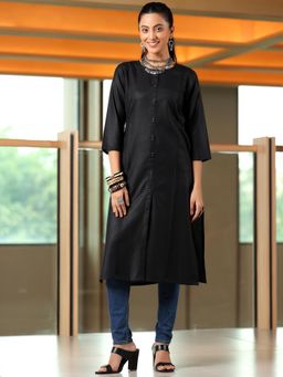 Libas - Black Cotton Blend Round Neck Solid Straight Kurta