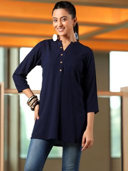 Libas - Navy Blue Solid Mandarin Neck Short Kurti