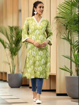 Libas - Green Printed Embroidered Straight Kurta