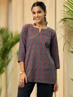 Libas - Navy Blue Ethnic Motif Printed Short Kurti