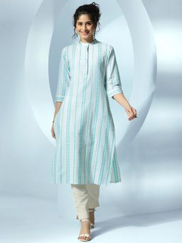 Libas - Blue and White Ethnic Motif Woven Design Straight Kurta