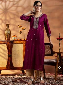 Libas - Wine All Over Embroidered Embellished Kurta