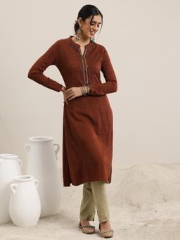 Libas - Brown Woven Embellished Yoke Design Straight Kurta