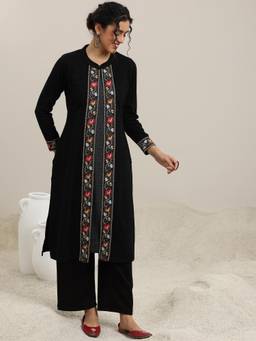 Libas - Black Floral Embroidered Kurta with Attached Inner