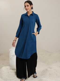 Libas - Teal Woven Button Placket Collar Neck Kurta