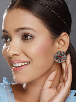 Aatmana - Silver Plated Multi-Color Stone Studded Peacock Shaped Drop Earrings