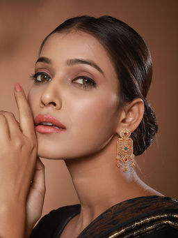 Aatmana - Gold Plated Green and Red Stone-Studded Drop Earrings