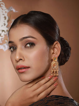 Aatmana - Gold Plated Green and Red Stone-Studded Classic Drop Earrings