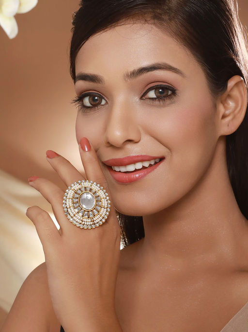 Aatmana Gold Plated White Kundan and Pearl Adjustable Finger Ring