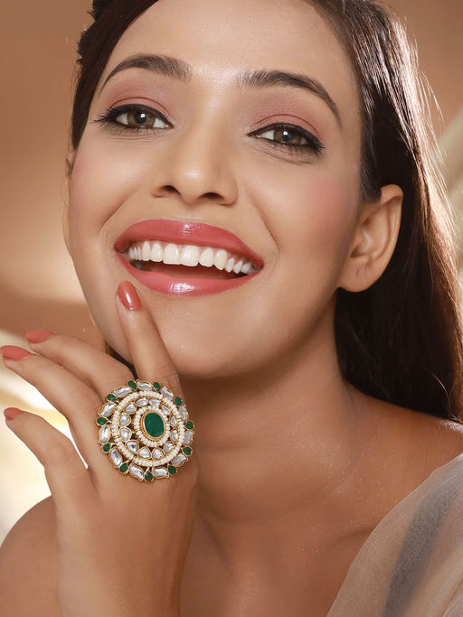 Aatmana Gold-Plated Green Kundan-Studded and Pearl Adjustable Finger Ring