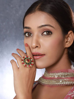 Aatmana - Gold-Plated Pearl Studded Multi-Color Adjustable Finger Ring